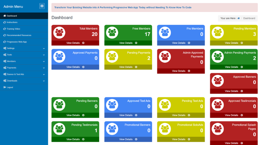 100% Instant Commissions Website Script admin dashboard