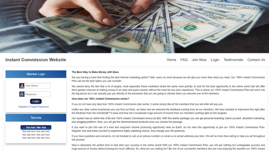 100% Instant Commissions Website Script dashboard