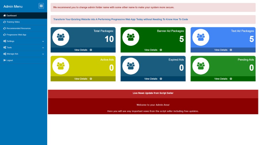 Ads Manager Script admin dashboard