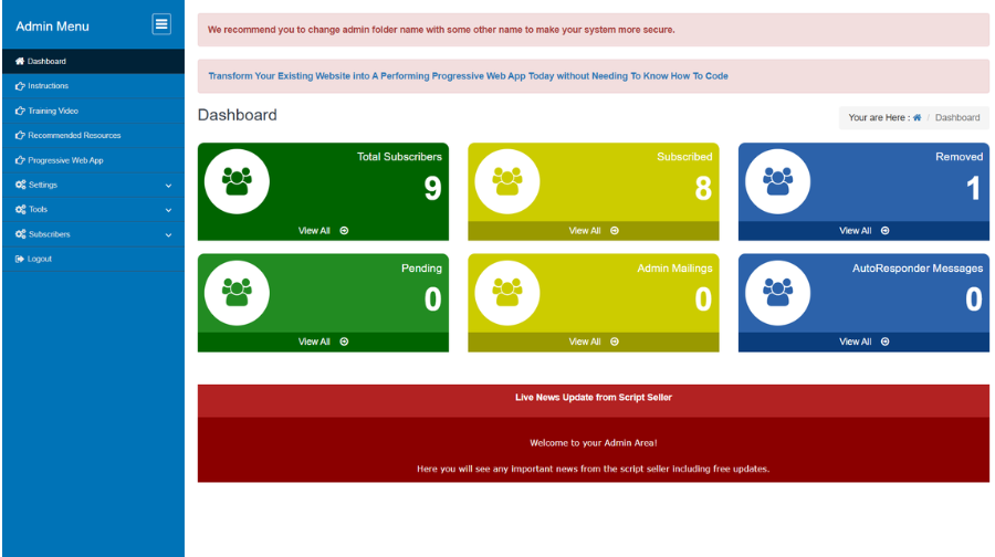 Autoresponder & Mailing List Script admin dashboard