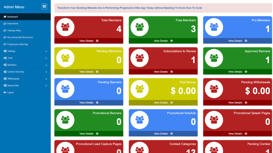 Contest Directory Script admin dashboard
