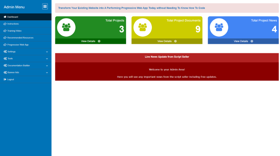 Documentation Builder Script admin dashboard