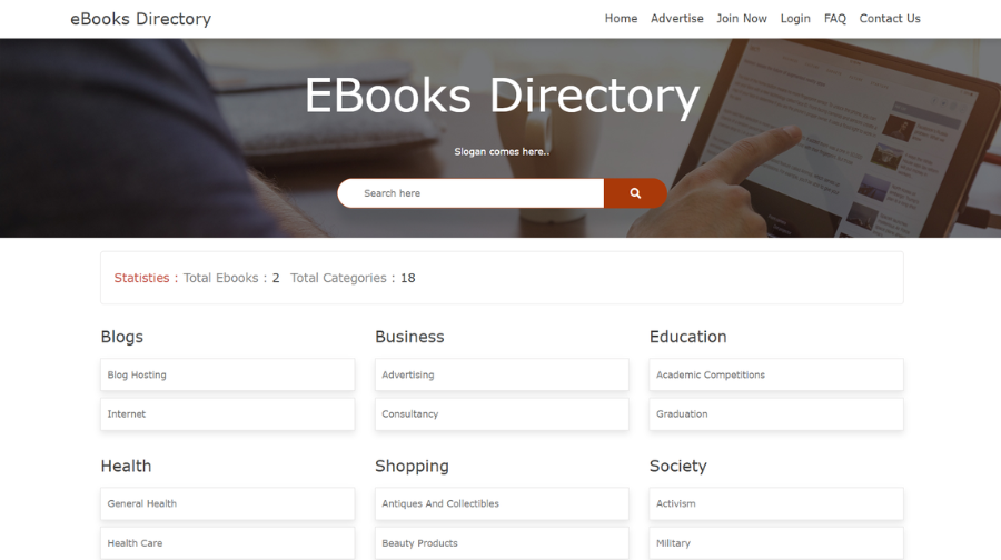 eBooks Directory Script dashboard