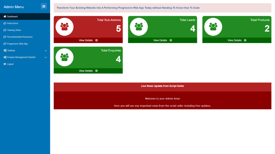 Enquiry Management Script admin dashboard