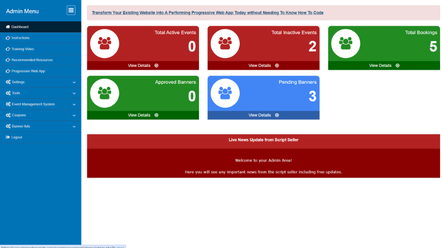 Event Management System admin dashboard
