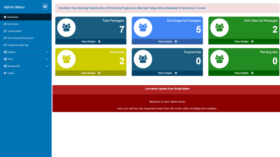 Exit Intent Ads Script admin dashboard