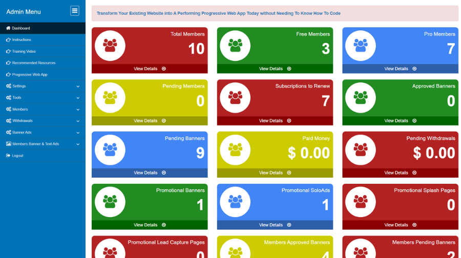 Free Ads Membership Site Script admin dashboard