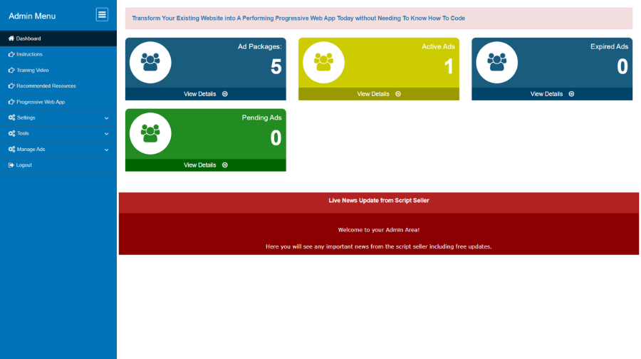 Full Screen Ads Script admin dashboard
