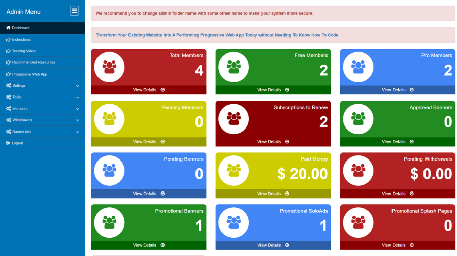 Membership Site Script admin dashboard