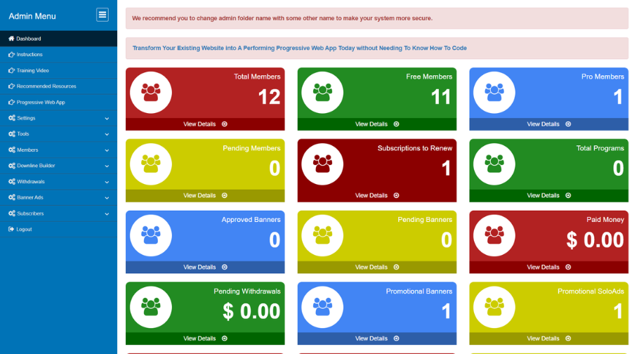 Membership Site Script with Autoresponder & Downline Builder admin dashboard