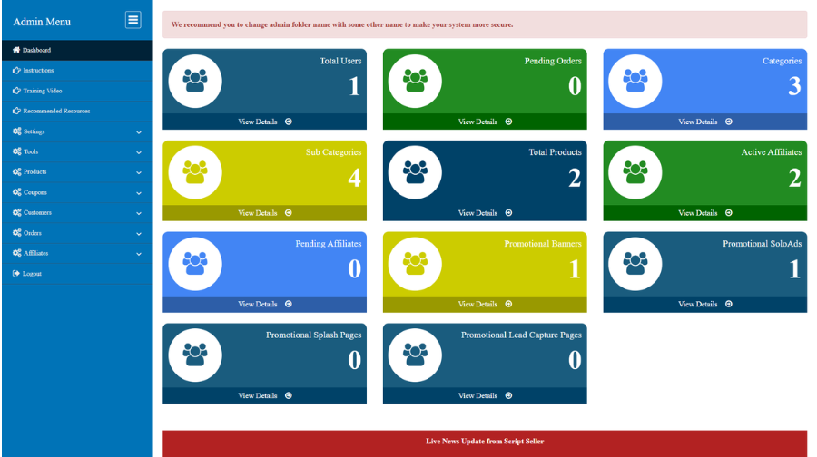PHP Shopping Cart Script With Affiliate Program admin dashboard