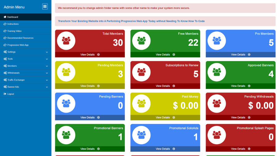 Traffic Exchanger Script admin dashboard
