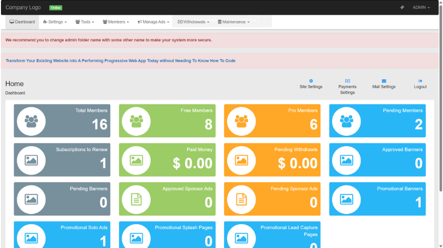 Viral Banner Ads Pro admin dashboard