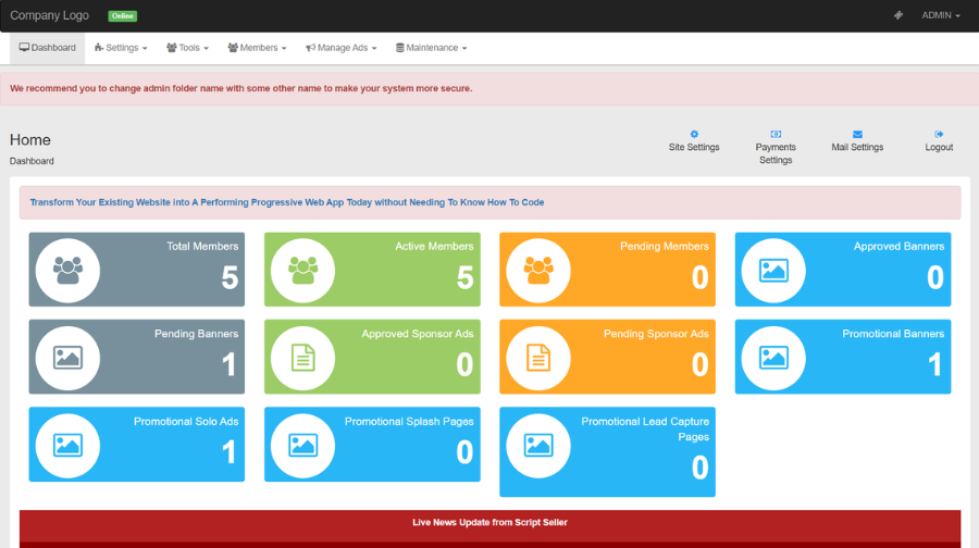 Viral Marketing Script with Free Installation admin dashboard