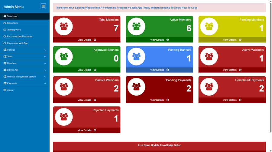 Webinar Management System admin dashboard